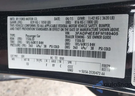 2015 Ford Fiesta Se z USA, uszkodzony, nr VIN 3FADP4EE8FM189405